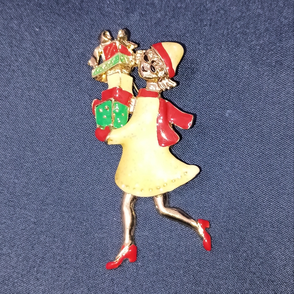 Womens Tanya Creations Christmas Holiday Shopping Gold Tone Pin Brooch 2 1/2"